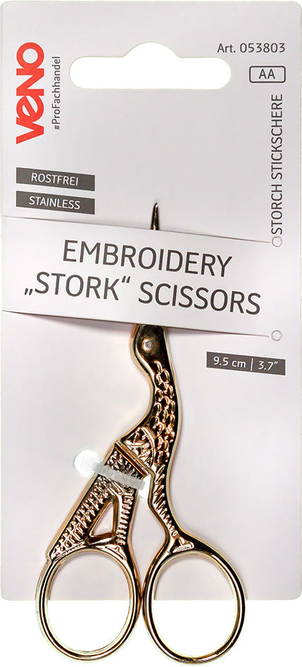 Stickschere Storch 9cm Gold